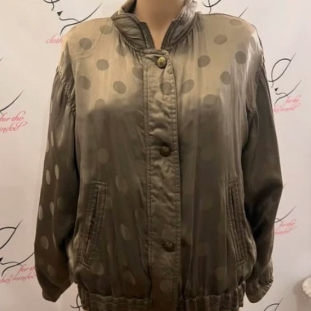 Vintage Mureli. Sz PM. Silk Olive Green Lined Bomber Jacket. Zip Button. B126